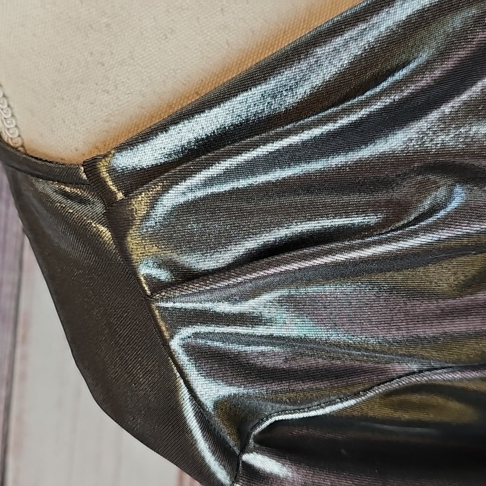 NEW JACKIE JON SILVER METALLIC DRAPED NECK LONG SLEEVE PULLOVER BLOUSE - Picture 9 of 11